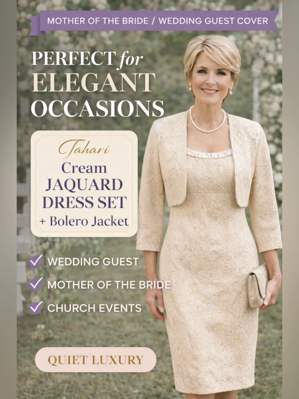 Tahari Cream Jacquard Dress & Bolero Jacket Wedding Guest Mother of Bride Sz 2 - Picture 2 of 16